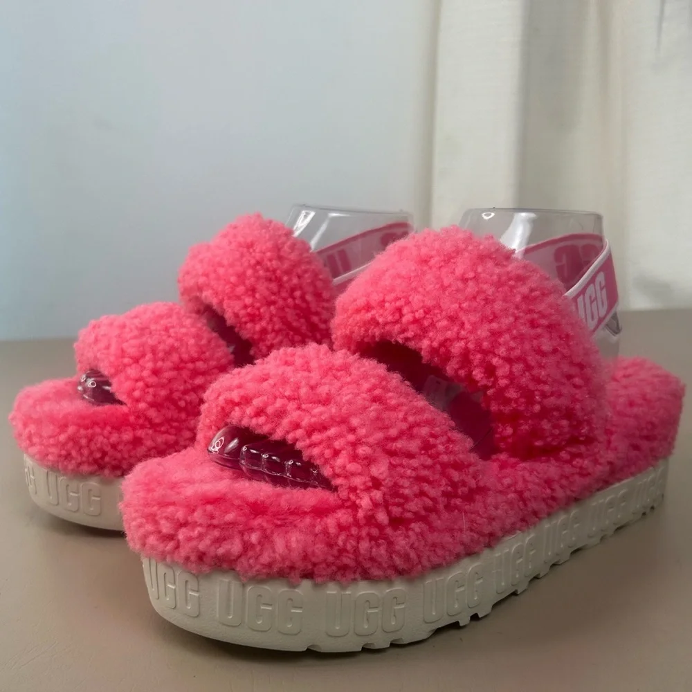UGG Oh Fluffita Women's Shearling Slingback Platform Sandals Slipper Pink Size 8